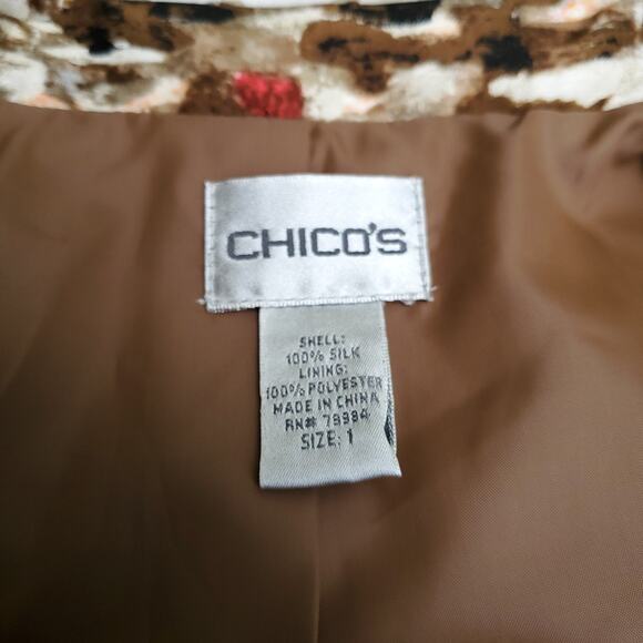 Chico's Sz 1 Brown Orange White Silk Jacket Geometric Hidden Closure Chicos M 8 - Picture 15 of 16